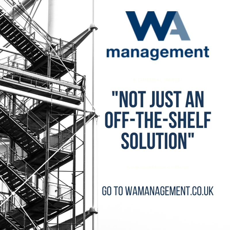 WA Management logo and the text '"NOT JUST AN OFF-THE-SHELF SOLUTION" GO TO WAMANAGEMENT.CO.UK' against a white background and a black and white picture of scaffolding.