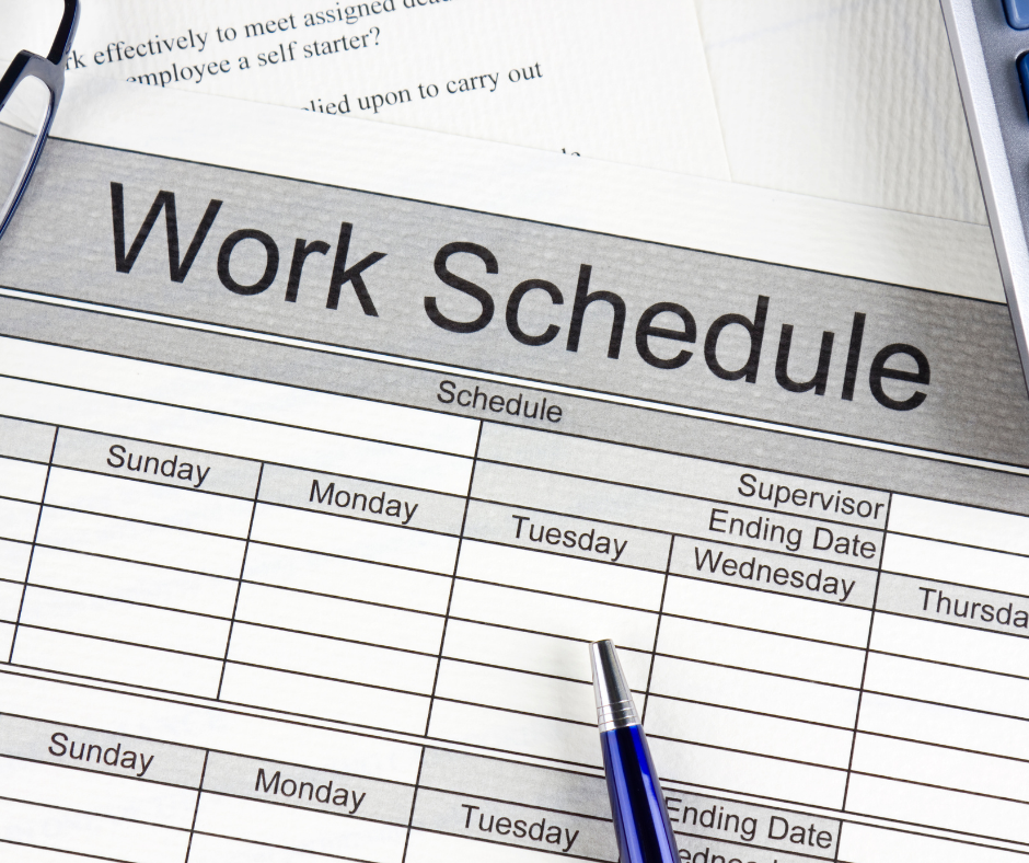 Picture of a printout of a work schedule